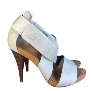 Theory Vidar Leather Wrap Heeled Sandals Women’s Light Gray Strappy Heel Size 9‎